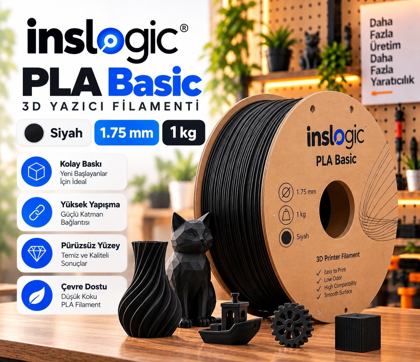 Inslogic PLA Basic Siyah Filament 1.75mm 1kg
