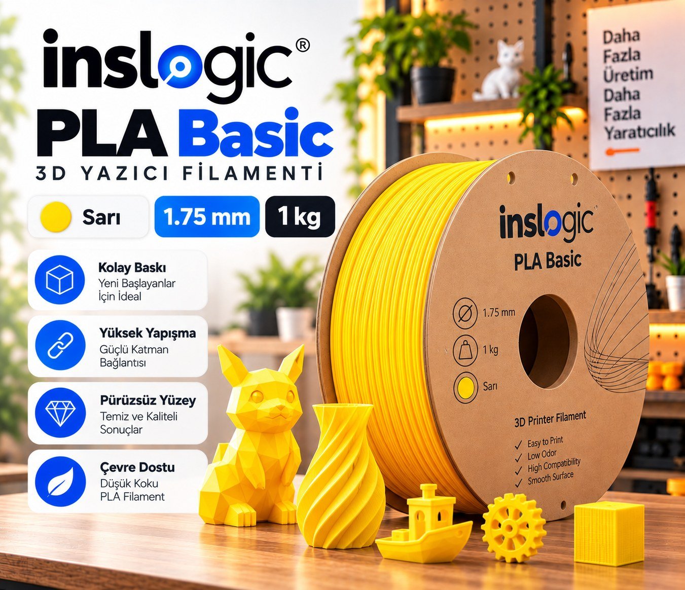 Inslogic PLA Basic Sarı Filament 1.75mm 1kg