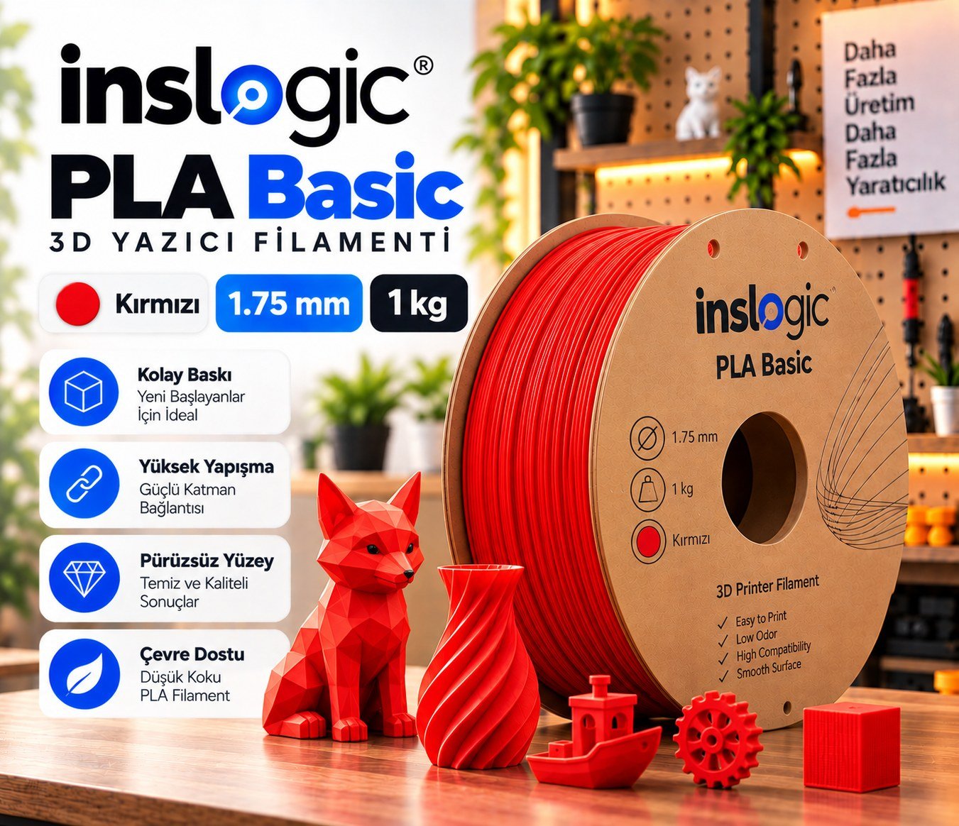Inslogic PLA Basic Kırmızı Filament 1.75mm 1kg